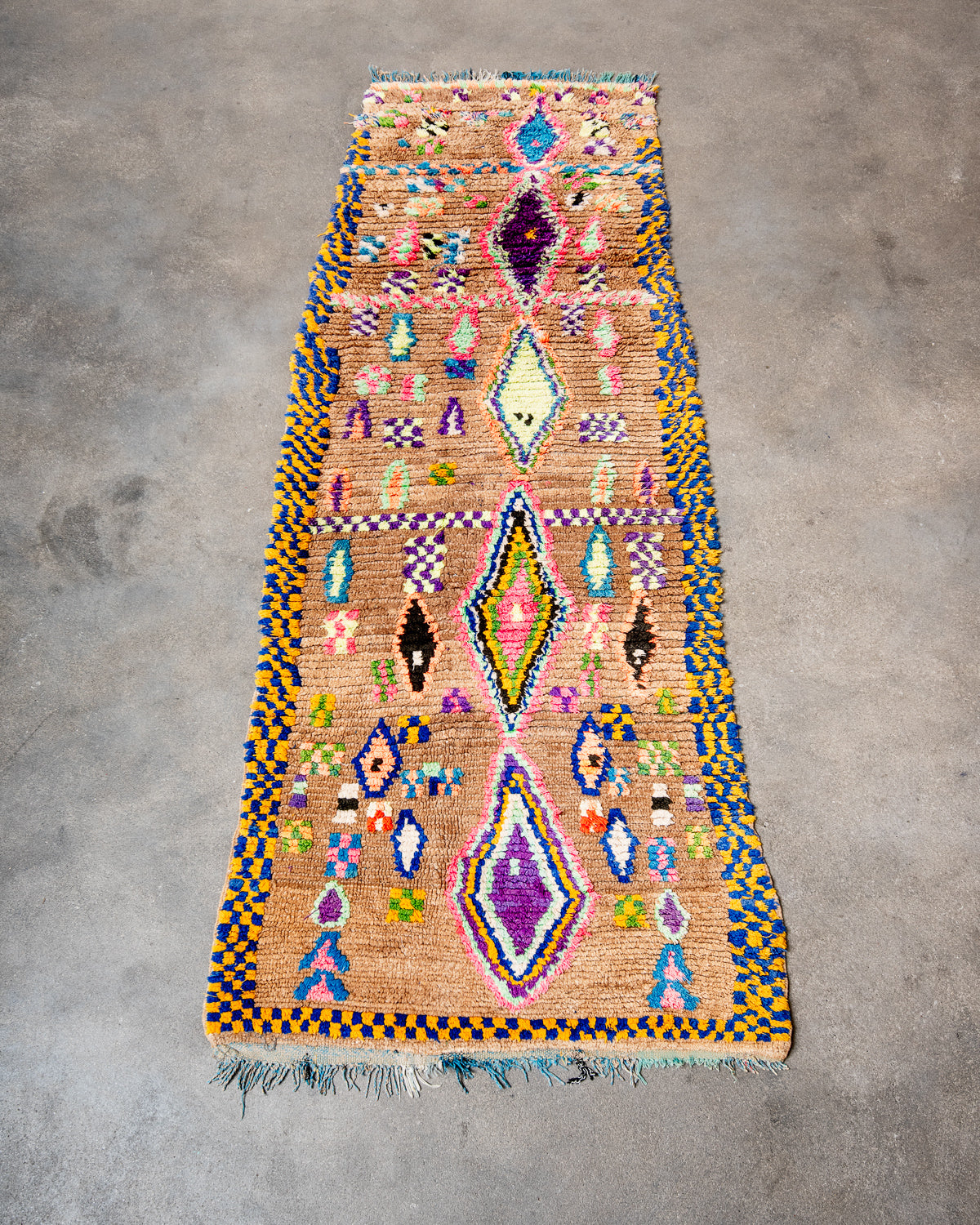Modern, designer, handcrafted Berber runner rug from Morocco. Vintage carpet with beautiful colours and patterns and fluffy texture.